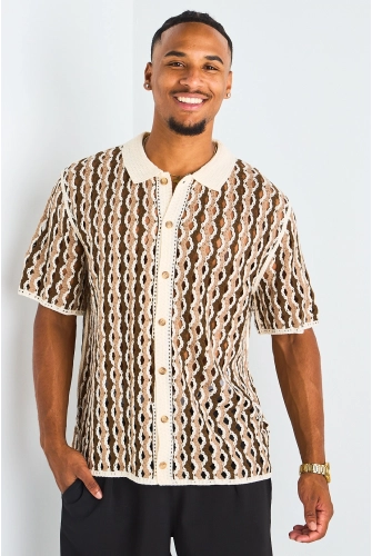 Chemise ajourée en crochet bicolore marron et taupe