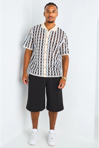 Chemise ajourée en crochet bicolore bleu clair et marron