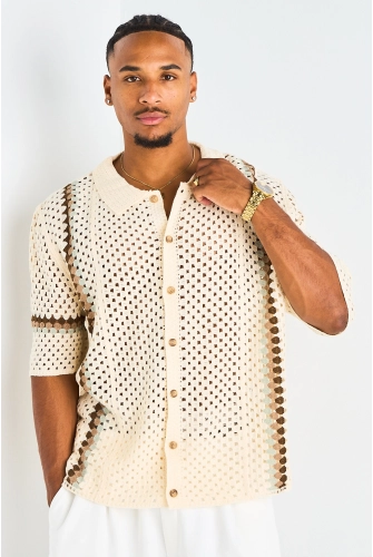 Chemise ajourée en crochet beige