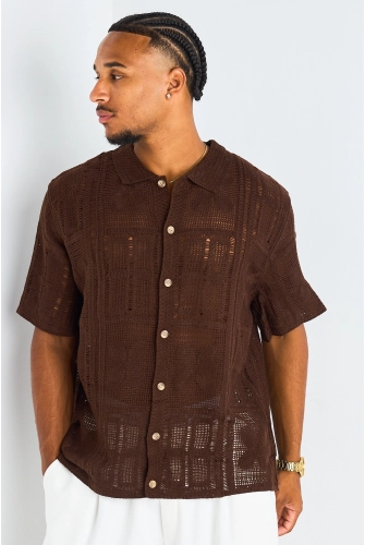 Chemise ajourée en maille à motif marron