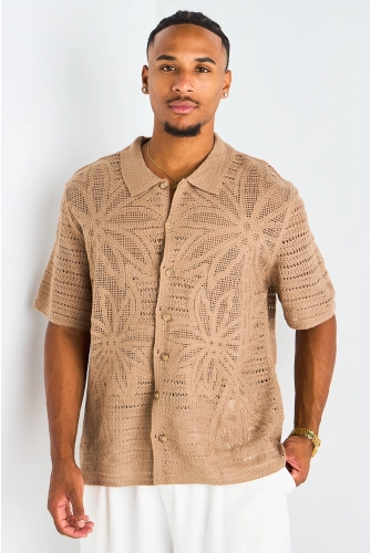 Chemise ajourée en maille à motif taupe
