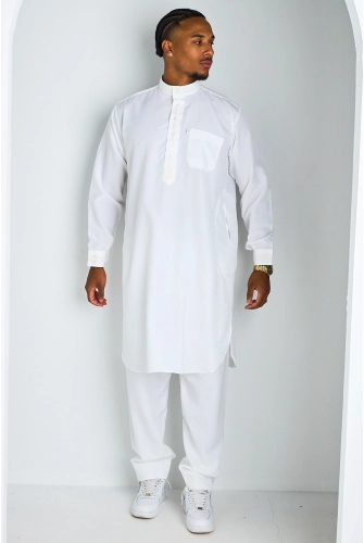 Ensemble 2 pièces qamis + pantalon blanc à motif sur le col