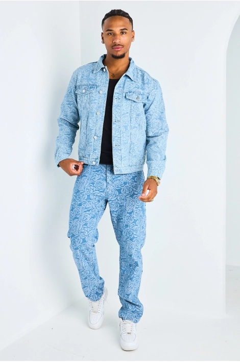 2-piece jacket + jeans set in light blue pink pattern