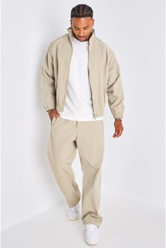 Ensemble survêtement deux pièces taupe à bandes blanches veste + jogging