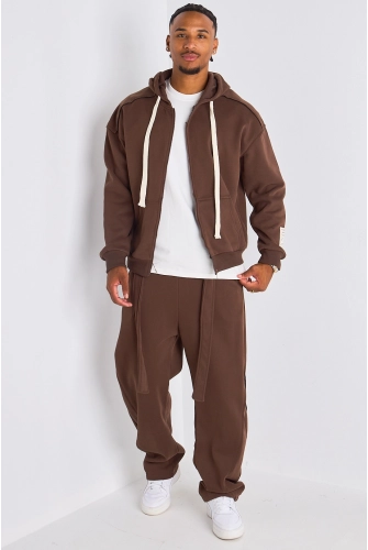 Ensemble 2 pièces : Veste à imprimé au dos  + jogging marron ceinturé