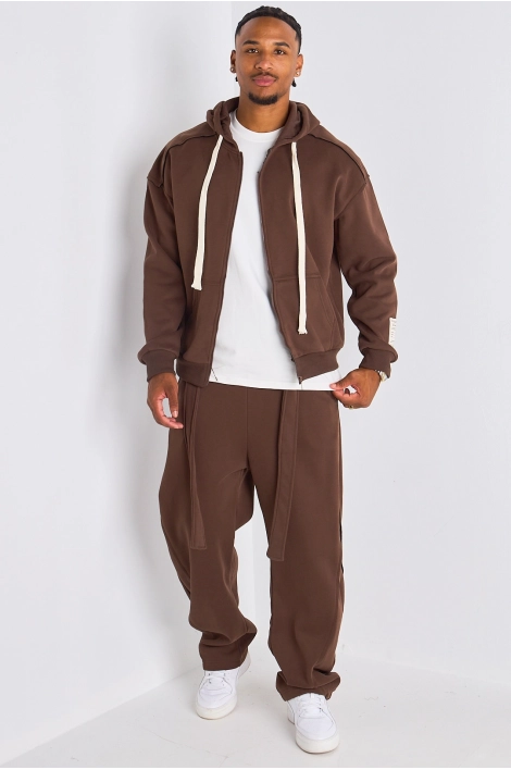 Ensemble 2 pièces : Veste à imprimé au dos  + jogging marron ceinturé