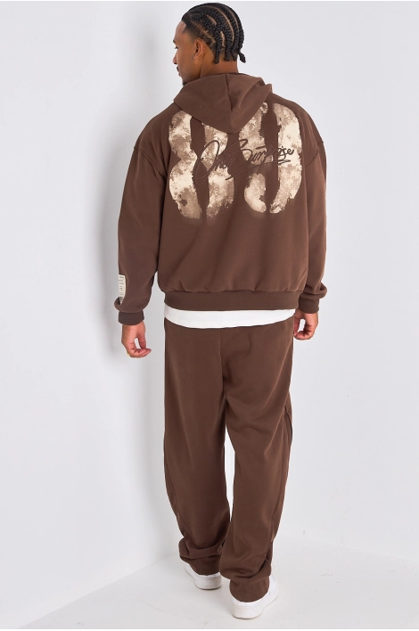 Ensemble 2 pièces : Veste à imprimé au dos  + jogging marron ceinturé