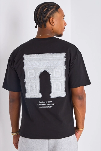 T-shirt noir à imprimé et inscription "inspired by paris "