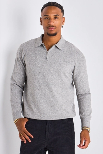 Pull demi-zip manches longues à col rabat gris