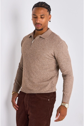 Pull demi-zip manches longues à col rabat de couleur taupe
