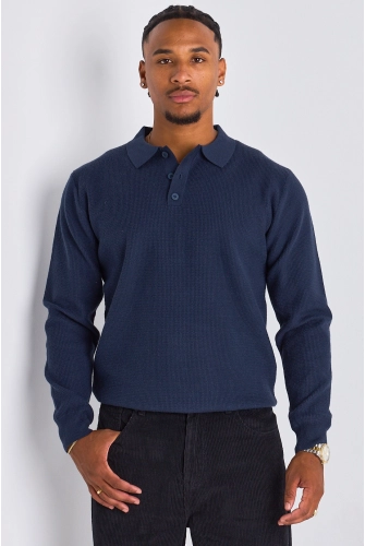 Polo bleu marine effet maille à manches longues et col rabat