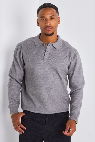 Polo gris effet maille à manches longues et col rabat