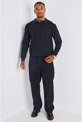 Polo noir effet maille à manches longues et col rabat