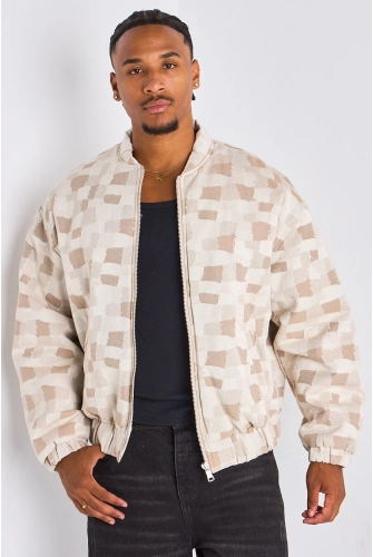 Veste beige style bomber à motifs géométriques carrés