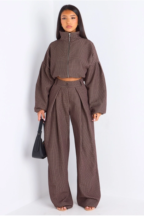 Ensemble deux pièces marron veste + pantalon à carreaux