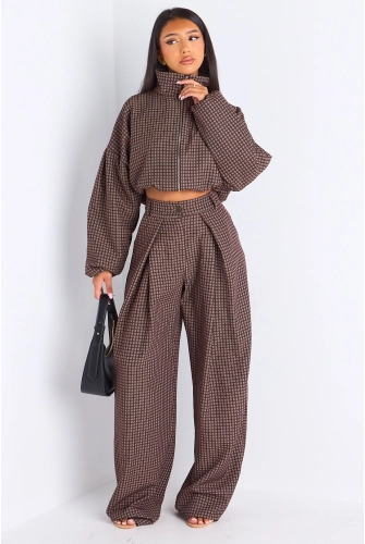 Ensemble deux pièces marron veste + pantalon à carreaux