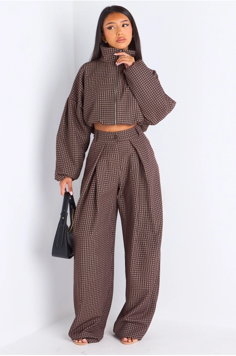 Ensemble deux pièces marron veste + pantalon à carreaux