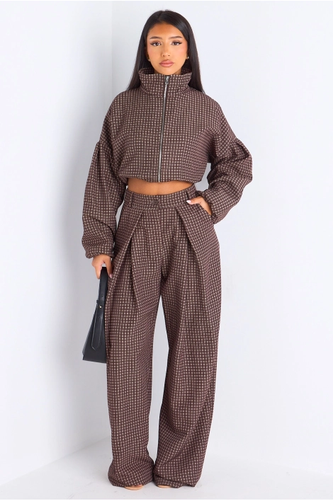 Ensemble deux pièces marron veste + pantalon à carreaux