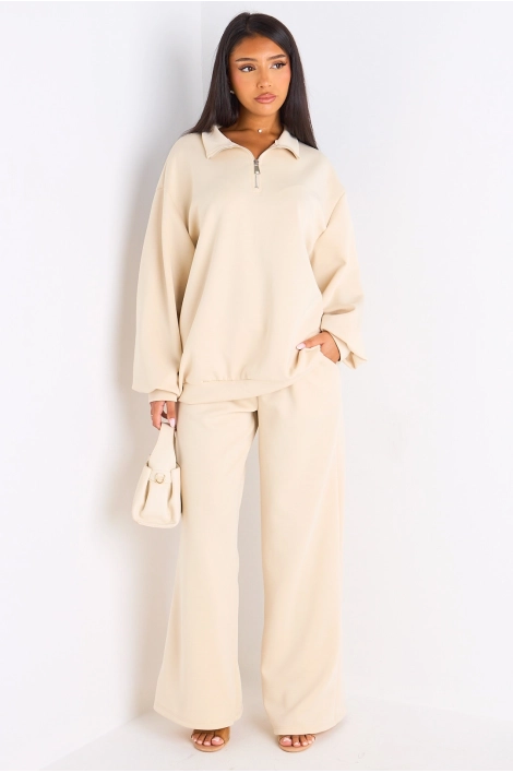 Ensemble deux pièces beige pull + jogging coupe droite