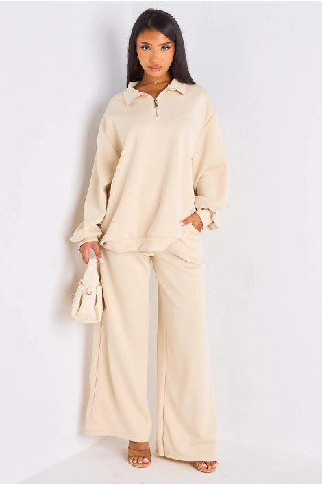 Ensemble deux pièces beige pull + jogging coupe droite