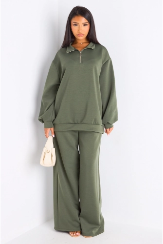 Ensemble deux pièces kaki pull + jogging coupe droite