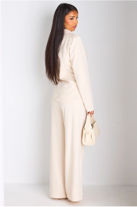Ensemble tailleur deux pièces beige veste blazer à broche + pantalon