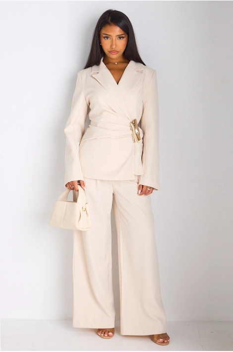 Ensemble tailleur deux pièces beige veste blazer à broche + pantalon
