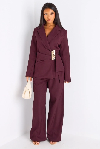 Ensemble tailleur deux pièces prune veste blazer à broche + pantalon