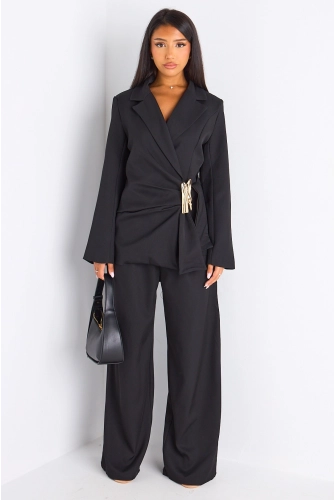 Ensemble tailleur deux pièces noir veste blazer à broche + pantalon