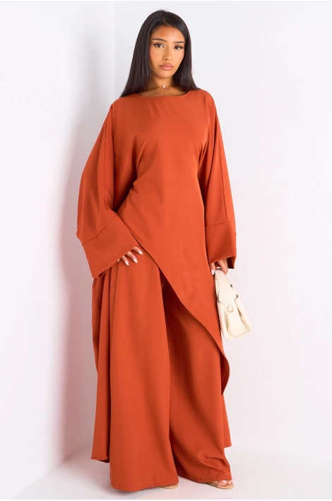 Ensemble deux pièces orange longue blouse asymétrique + pantalon coupe droite