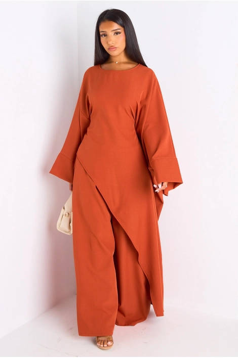 Ensemble deux pièces orange longue blouse asymétrique + pantalon coupe droite