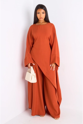 Ensemble deux pièces orange longue blouse asymétrique + pantalon coupe droite