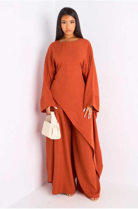 Ensemble deux pièces orange longue blouse asymétrique + pantalon coupe droite