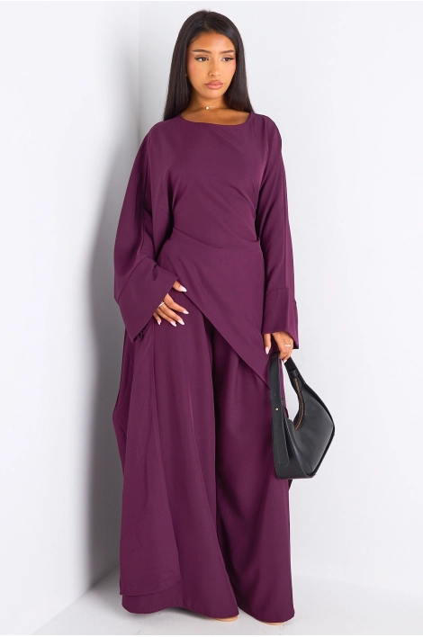 Ensemble deux pièces prune longue blouse asymétrique + pantalon coupe droite