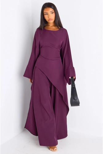 Ensemble deux pièces prune longue blouse asymétrique + pantalon coupe droite