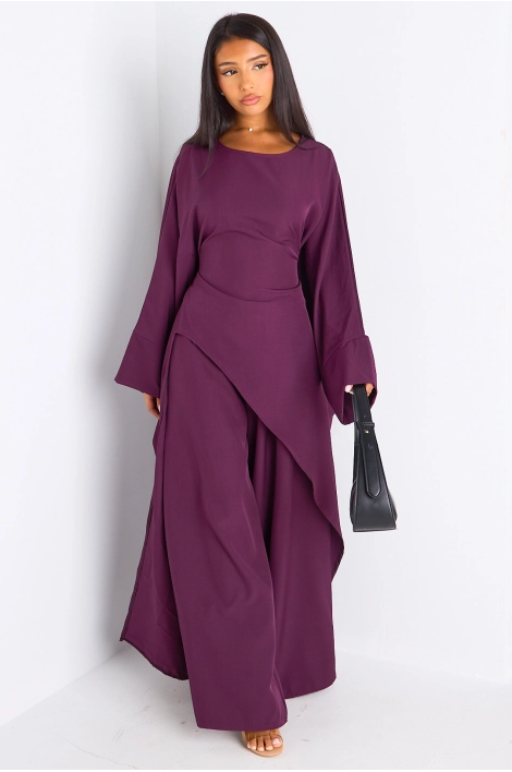 Ensemble deux pièces prune longue blouse asymétrique + pantalon coupe droite