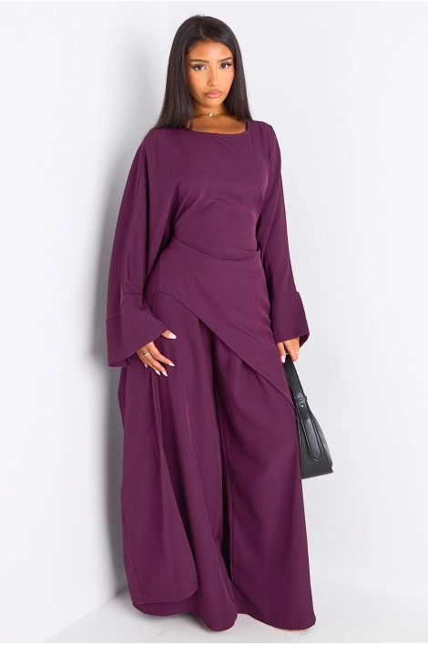 Ensemble deux pièces prune longue blouse asymétrique + pantalon coupe droite