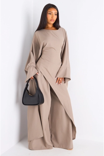 Ensemble deux pièces taupe longue blouse asymétrique + pantalon coupe droite
