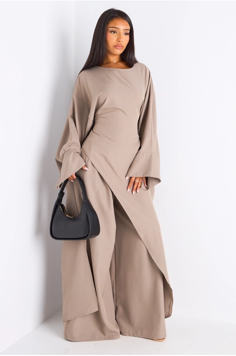 Ensemble deux pièces taupe longue blouse asymétrique + pantalon coupe droite