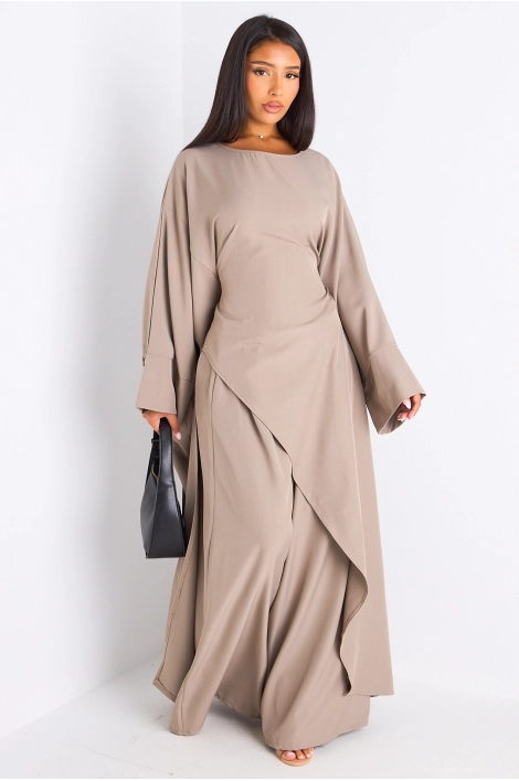 Ensemble deux pièces taupe longue blouse asymétrique + pantalon coupe droite