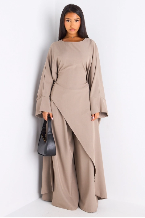 Ensemble deux pièces taupe longue blouse asymétrique + pantalon coupe droite