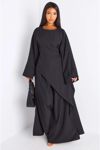 Ensemble deux pièces noir longue blouse asymétrique + pantalon coupe droite