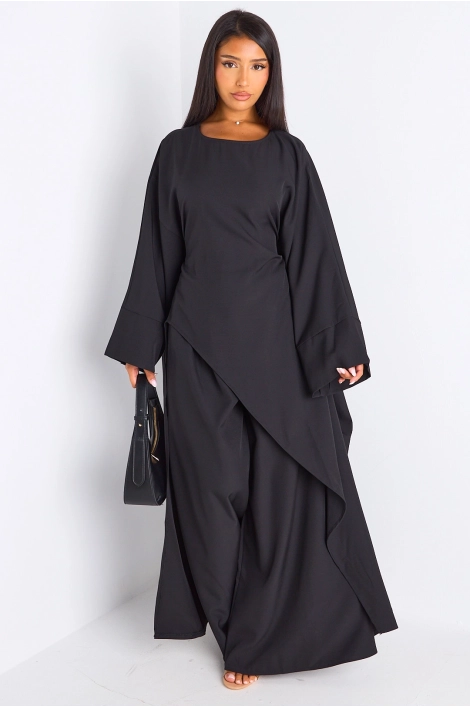 Ensemble deux pièces noir longue blouse asymétrique + pantalon coupe droite