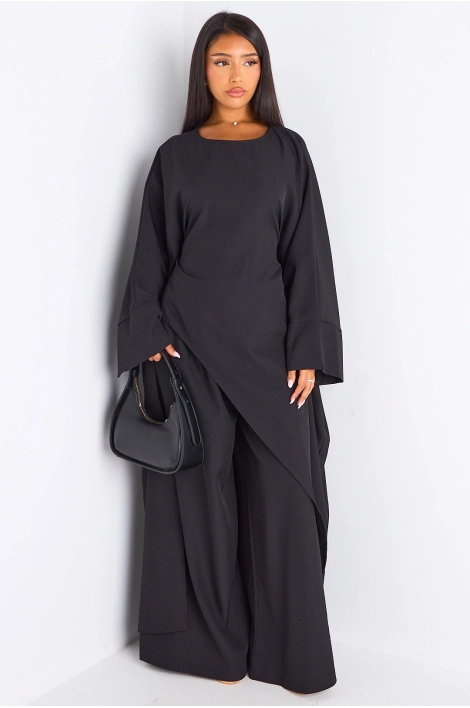 Ensemble deux pièces noir longue blouse asymétrique + pantalon coupe droite