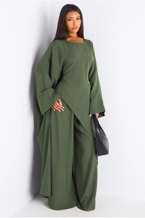 Ensemble deux pièces kaki longue blouse asymétrique + pantalon coupe droite