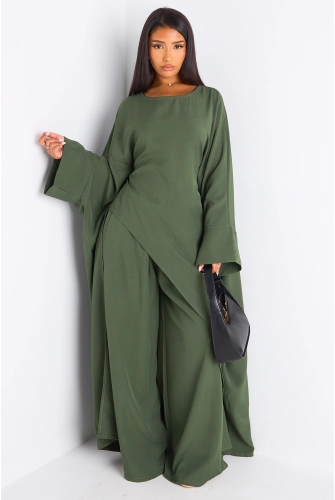 Ensemble deux pièces kaki longue blouse asymétrique + pantalon coupe droite