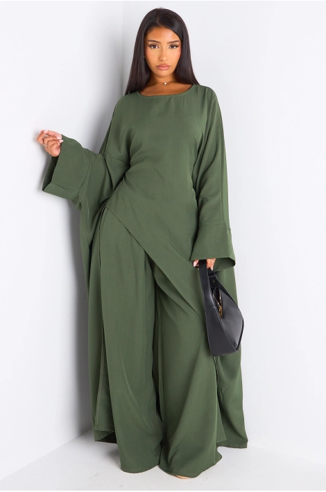 Ensemble deux pièces kaki longue blouse asymétrique + pantalon coupe droite
