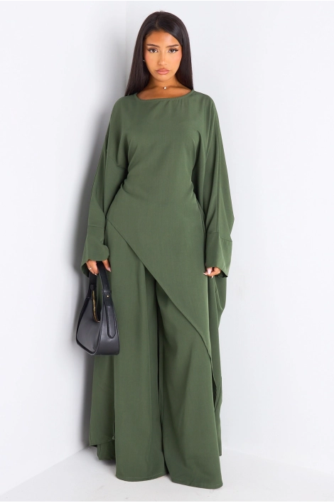Ensemble deux pièces kaki longue blouse asymétrique + pantalon coupe droite