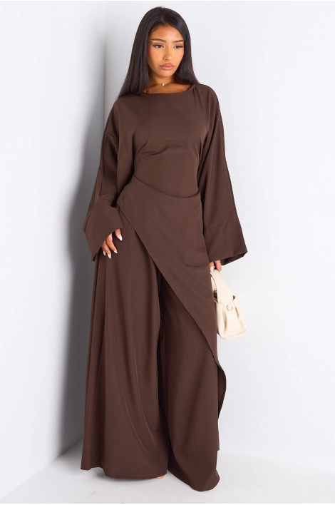 Ensemble deux pièces marron longue blouse asymétrique + pantalon coupe droite