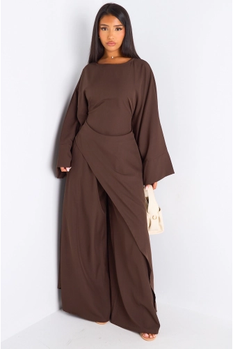 Ensemble deux pièces marron longue blouse asymétrique + pantalon coupe droite
